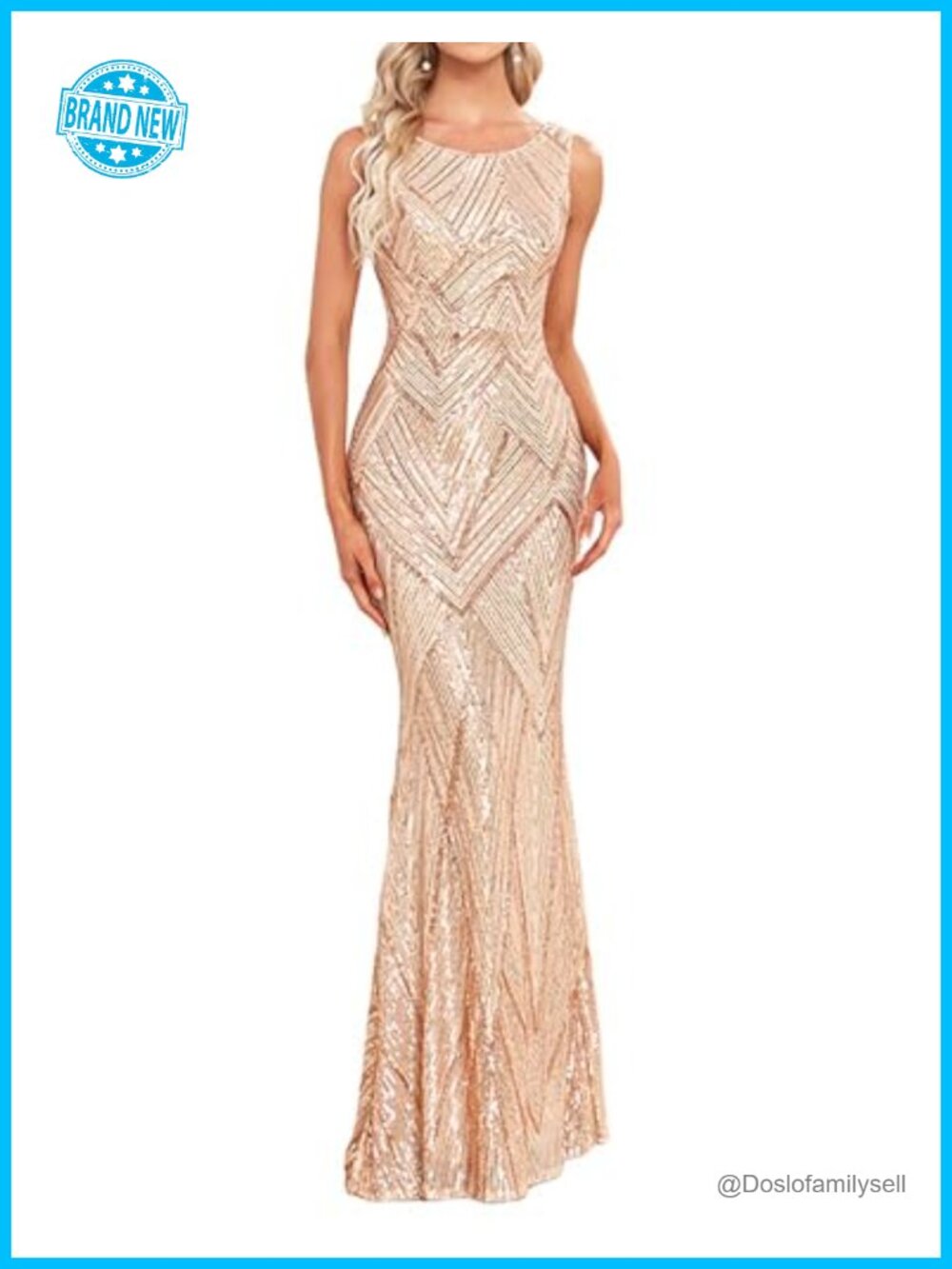 Sequin Mermaid Formal Evening Gown Boat Neck Sleeveless Floor Length